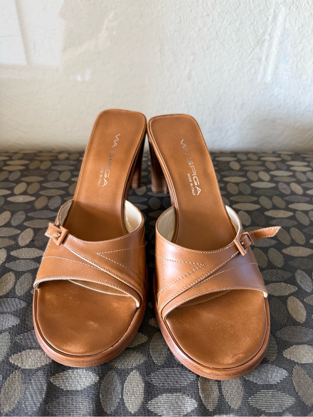 Via Spiga Tan Leather Slide Mules with Buckle Detail